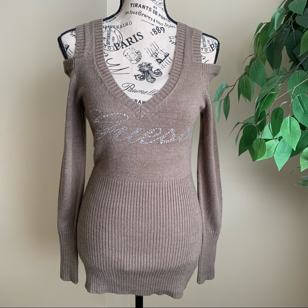 Guess Cold Shoulder Brown Sweater Sz L